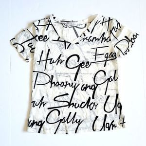 Black White Sheer Short Sleeve Art Deco V-neck Women's Dressy T-Shirt size L